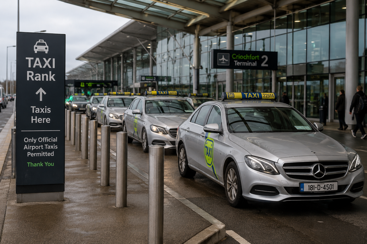 Illustration of taxis at the Dublin Airport taxi rank outside Terminal 2