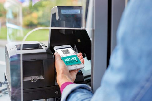 mobile ticketing on Airlink Express customer validating ticket with mobile phone